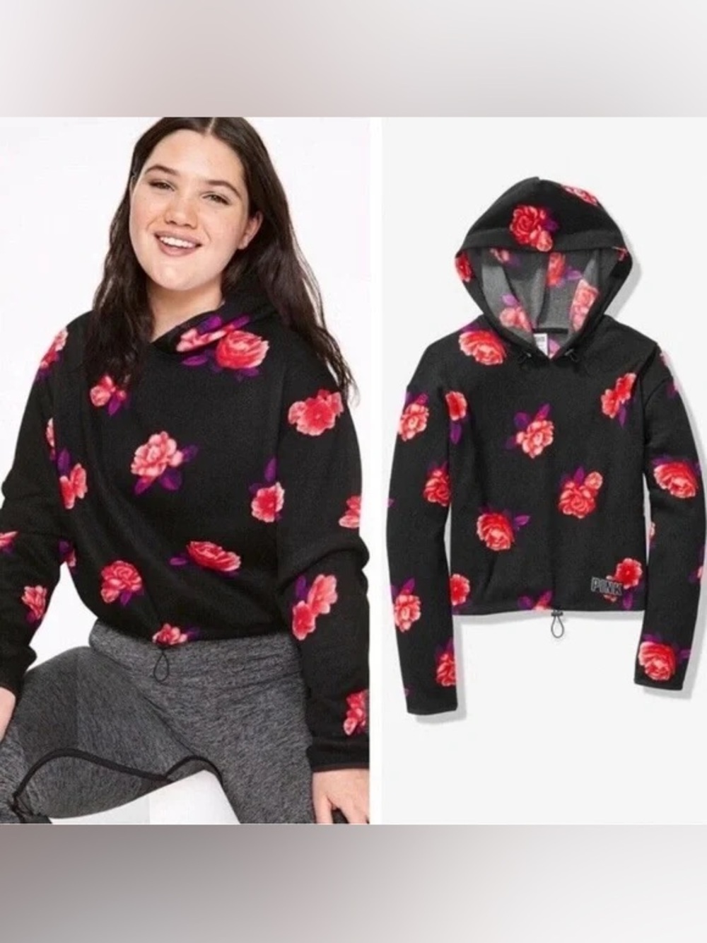 PINK Victoria’s Secret Floral Cropped Hoodie, Size Medium - Picture 2 of 9